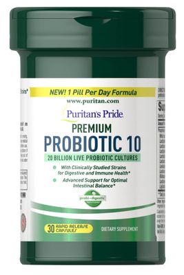 Puritan&#39;s Pride Premium Probiotic 10, 20 Billion CFU Clinically Studied Culture Strains, Dietary Supplement for Digestive, Gut, and Immune Health, 1 Month Supply, 30 Rapid Release Capsules