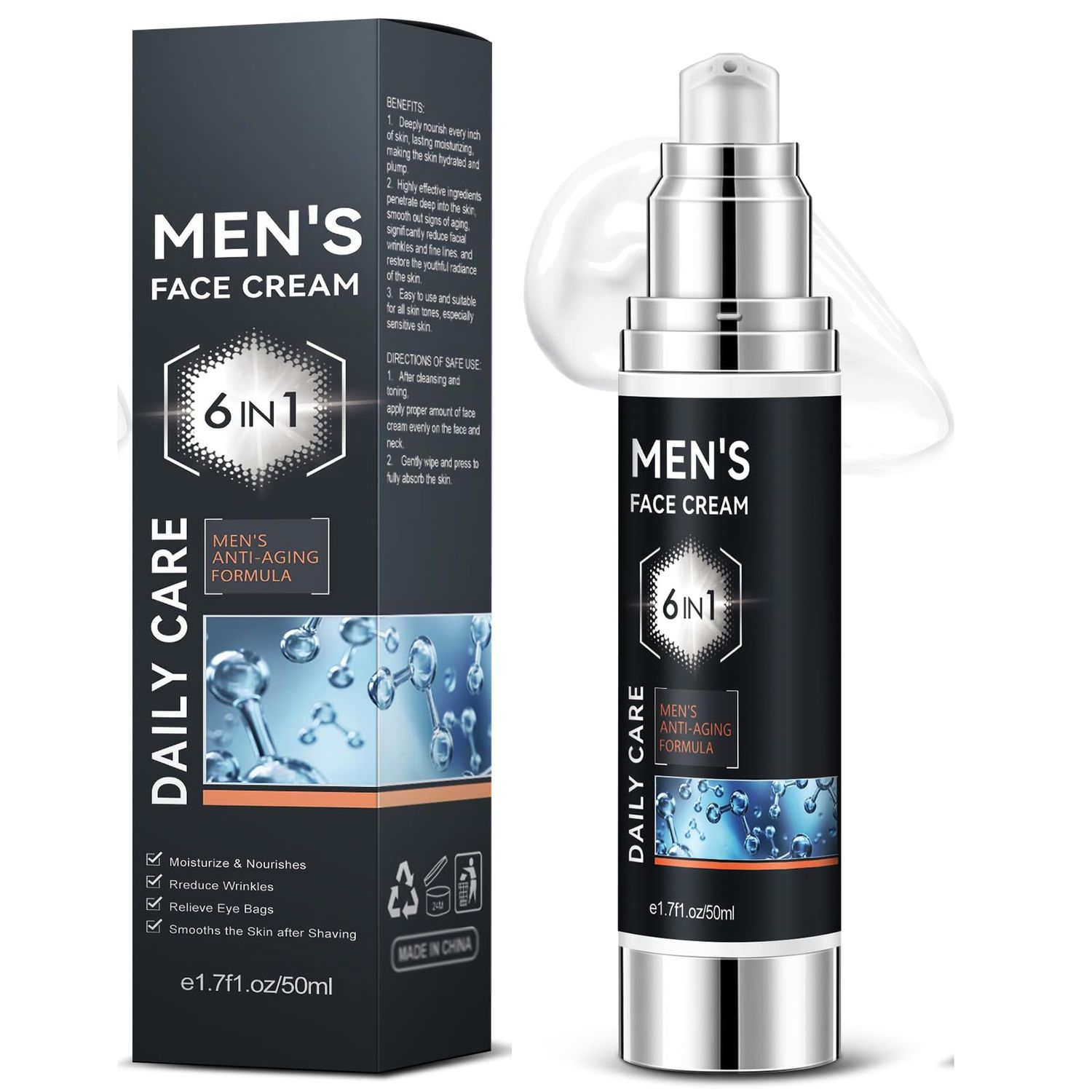 rosawi 6 in 1 Face Cream for Men, Mens Face Moisturizer, Anti Aging Wrinkle, Reduce the Look of Eye Bags, Dark Circles, and Puffiness-Mens Skin Care, After Shave Lotion for Men -1.7 oz