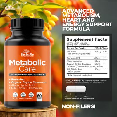 HerbaMe Berberine Supplement with Ceylon Cinnamon, Chromium, Alpha Lipoic Acid, Metabolic Care Supports Metabolism Cardiovascular Health and Immune System, Helps Maintain Steady Energy Levels