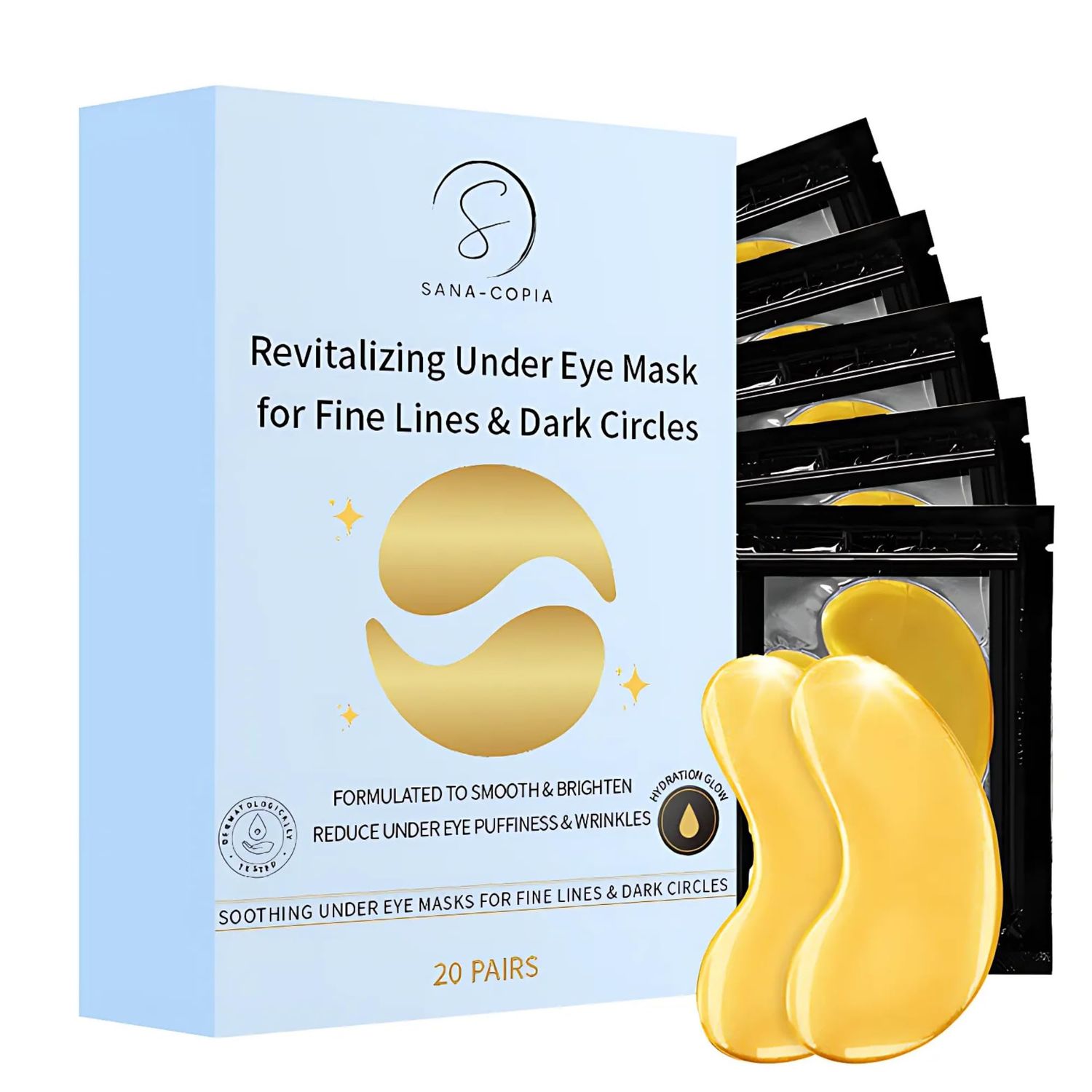 SANA-COPIA Under Eye Masks - Hydrating Eye Patches for Puffy Eyes Wrinkles - Anti-Aging, Brightening, Vegan Clean Beauty - Reduce Undereye Bags Dark Circles for Women Men - 20 Pairs (Gold)
