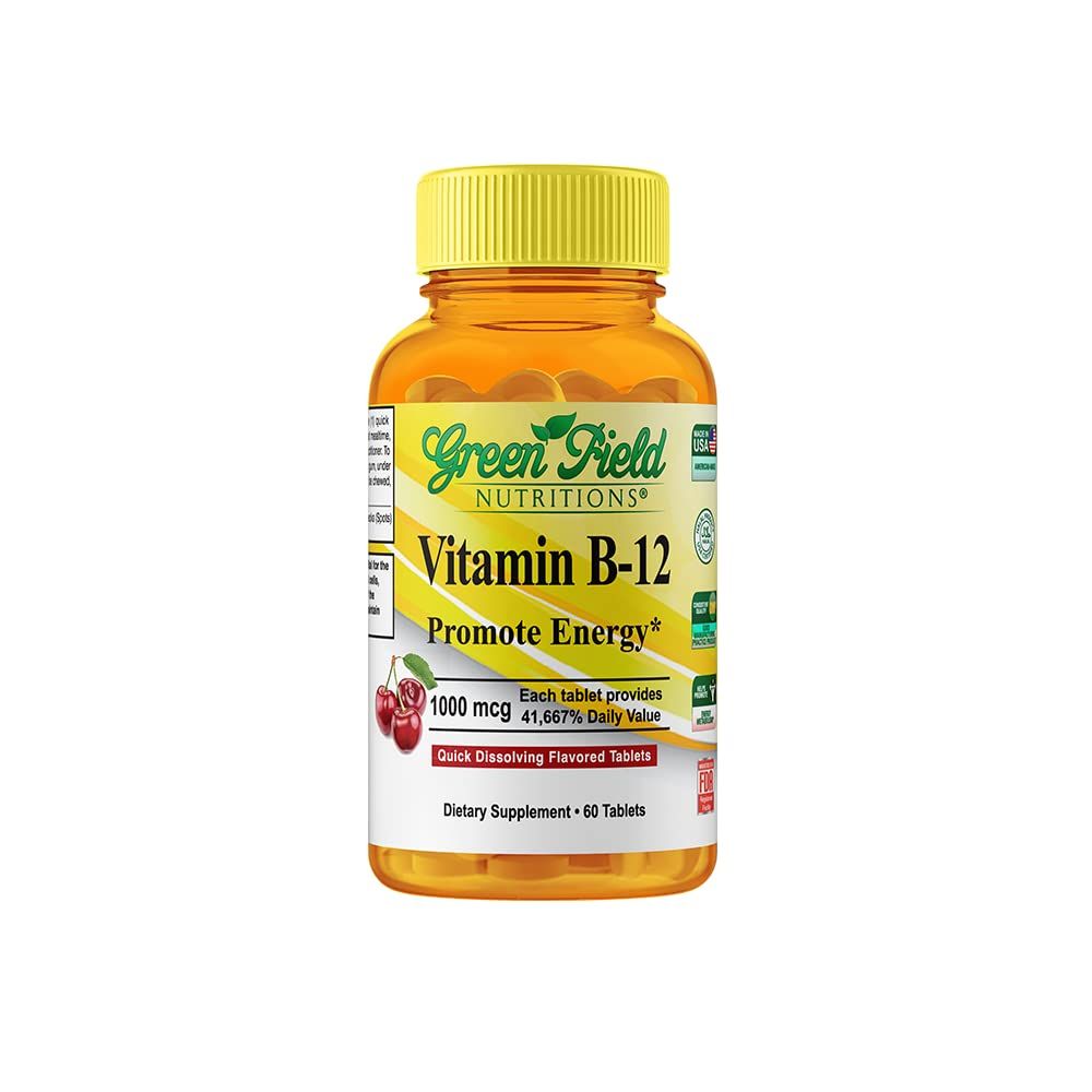 Greenfield Nutritions Halal Vitamin B12 1000mcg - Cherry Flavored Fast Absorption 60 Sublingual B12 Tablets - Natural B12 Halal Vitamins, Supports Brain, Blood Cell Health and Energy Metabolism