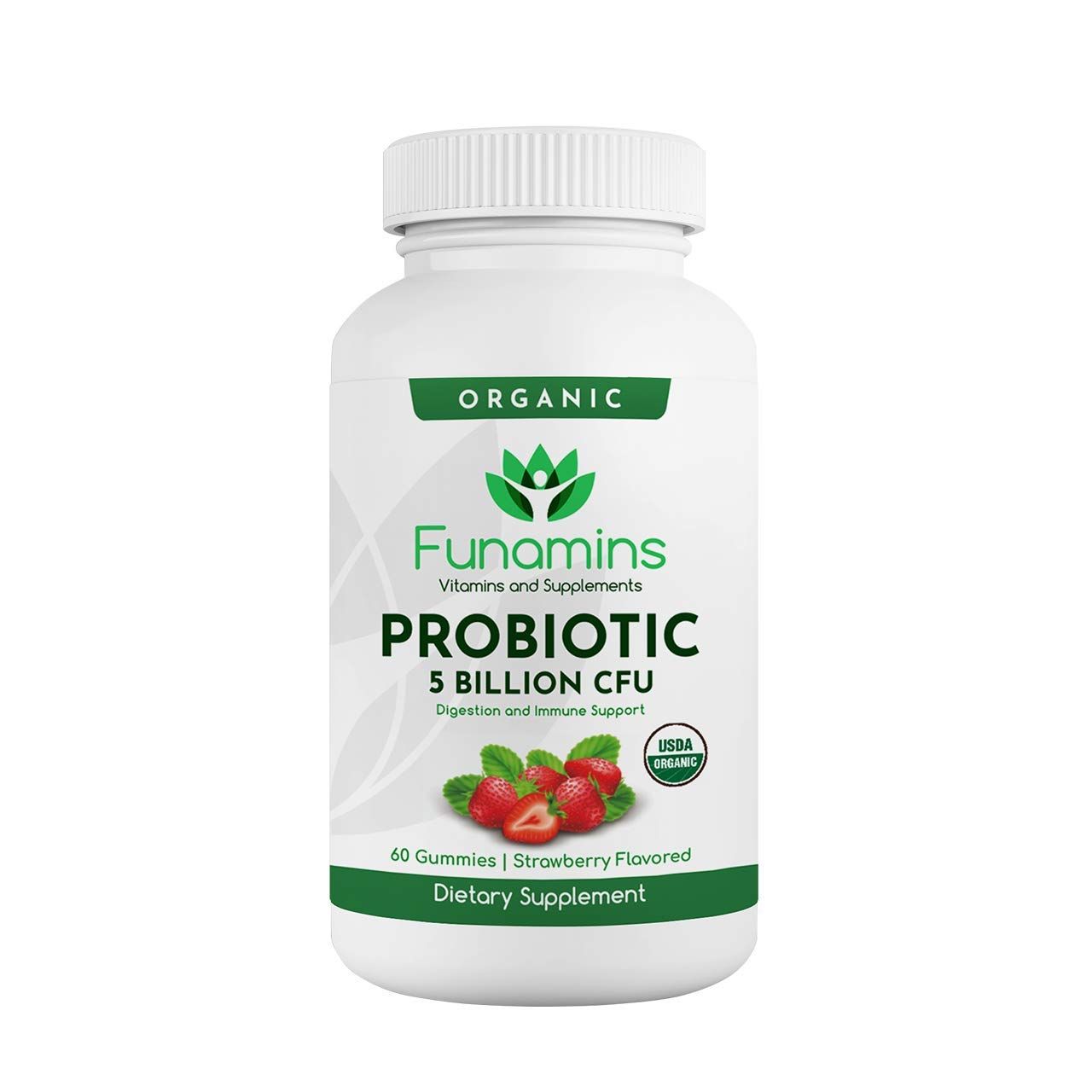 Funamins Organic Probiotic Gummies, 5 Billion CFU per Serving, 60 Count, Vegan, Supports Digestive Health and Immune Defense, for Women and Children; Strawberry Flavor