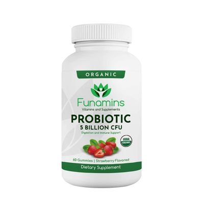 Funamins Organic Probiotic Gummies, 5 Billion CFU per Serving, 60 Count, Vegan, Supports Digestive Health and Immune Defense, for Women and Children; Strawberry Flavor
