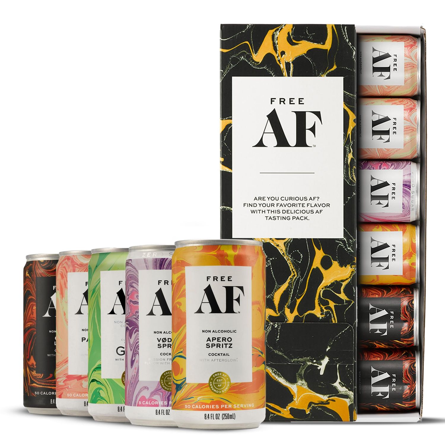 FREE AF Non-Alcoholic Drinks Tasting Pack Alcohol Alternative Sparkling Cocktails with AFTERGLOW Botanical Warmth Vegan, Gluten-Free, Low-Calorie 8.4 oz Cans (6-Pack)