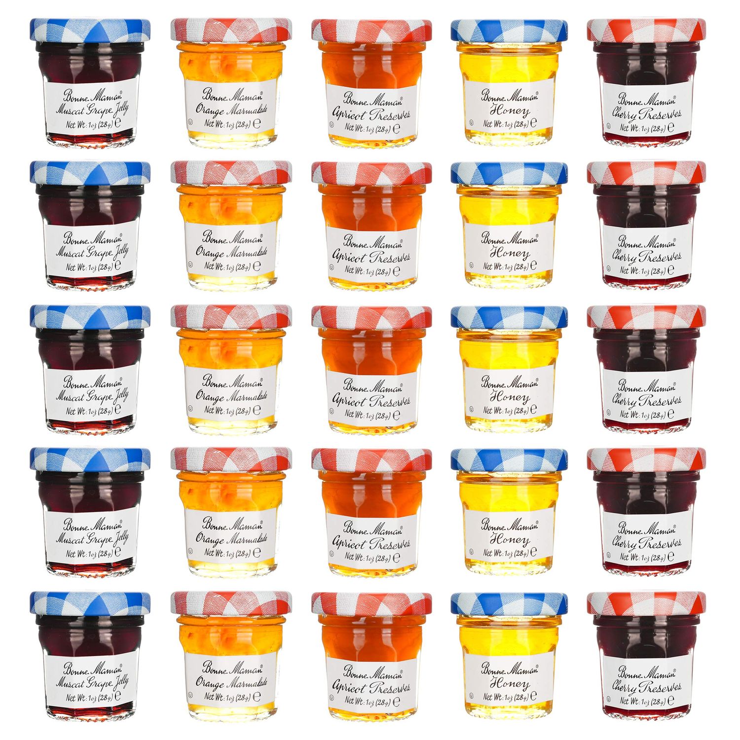 Bonne Maman Jam Assorted - 30 jelly jars x 1 ounce - 5 Apricot, 5 Orange, 5 Cherry, 5 Honey, 5 Grape, 5 Blueberry