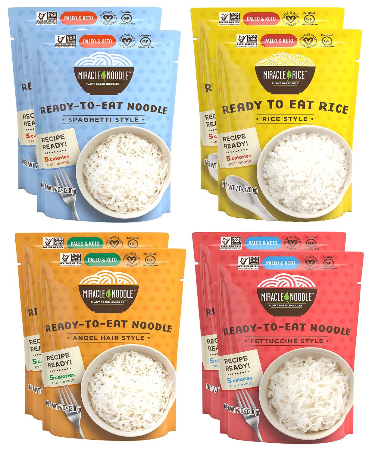 Miracle Noodle Variety Pack (Angel Hair, Fettuccine, Spaghetti Rice) - Ready-To-Eat, Shirataki Noodles, Shirataki Rice, Keto, Gluten Free, Low Carb, Low Calorie, Konjac Noodles - 2 Bags Each, 8-Pack