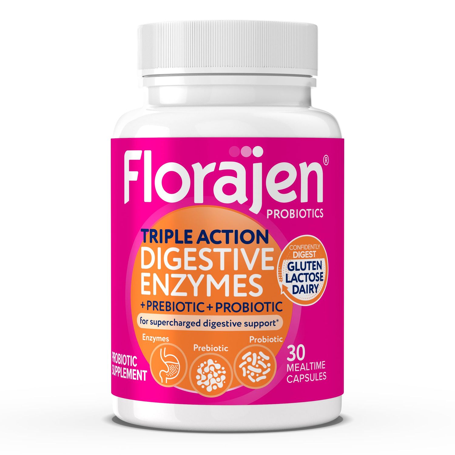 Florajen Digestive Enzymes with Probiotics and Prebiotics for Women and Men - Digestive Health, Gut Relief Bloating - Triple Action Formula - 30ct