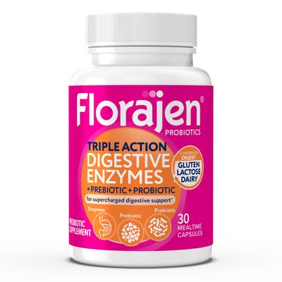 Florajen Digestive Enzymes with Probiotics and Prebiotics for Women and Men - Digestive Health, Gut Relief Bloating - Triple Action Formula - 30ct