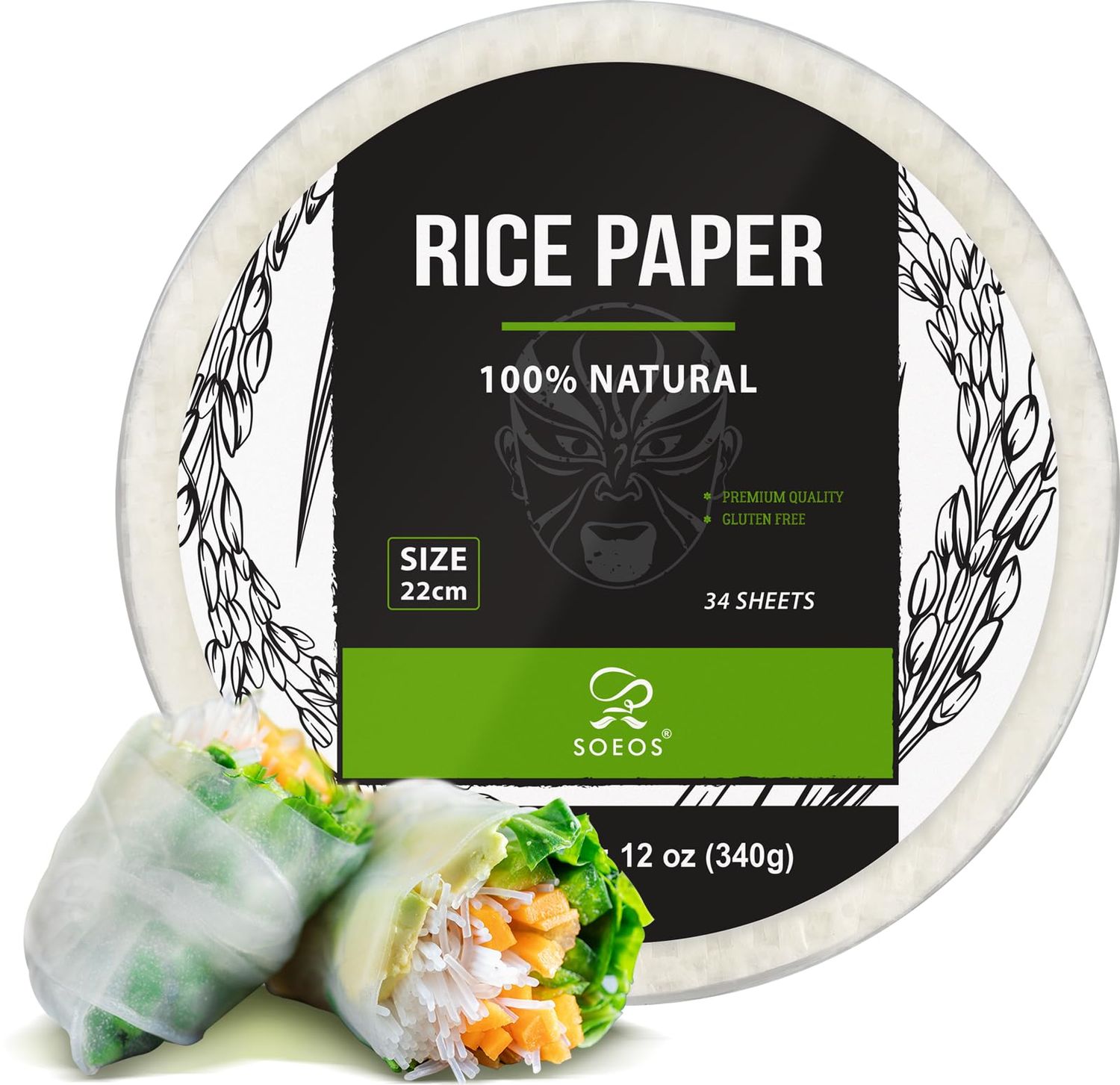 Soeos Rice Paper, White Rice Paper Wrappers, 1 Pack, 34 Sheets-Fresh Spring Roll Wrappers Dumplings, Non-GMO, Gluten-Free, Low Carb, Vietnamese Rice Wraps (Round, 22cm)