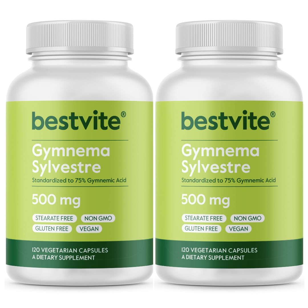 BESTVITE Gymnema Sylvestre 500mg (240 Vegetarian Capsules) (120 x 2) - Standardized to 75 Gymnemic Acid - No Stearates - No Fillers - No Flow Agents - Vegan - Non GMO - Gluten Free