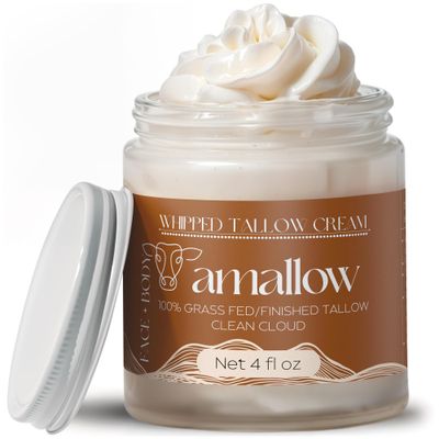 Amallow 100 Grass Fed Beef Tallow for Skin Care - Face Body - Whipped Moisturizer - Natural Lotion, 4 FL. oz. (Clean Cloud)