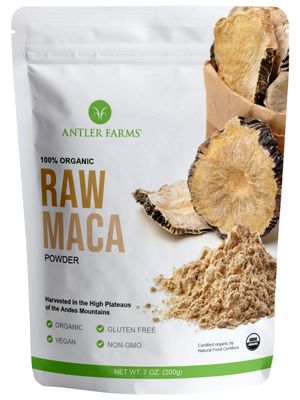 Antler Farms - 100 Pure Organic Raw Maca Powder, 40 Servings, 200g - Vegan, Gluten Free, Sun Dried, Cold Processed, Grown Outdoors in Central Andes of Peru, Certified USDA Organic