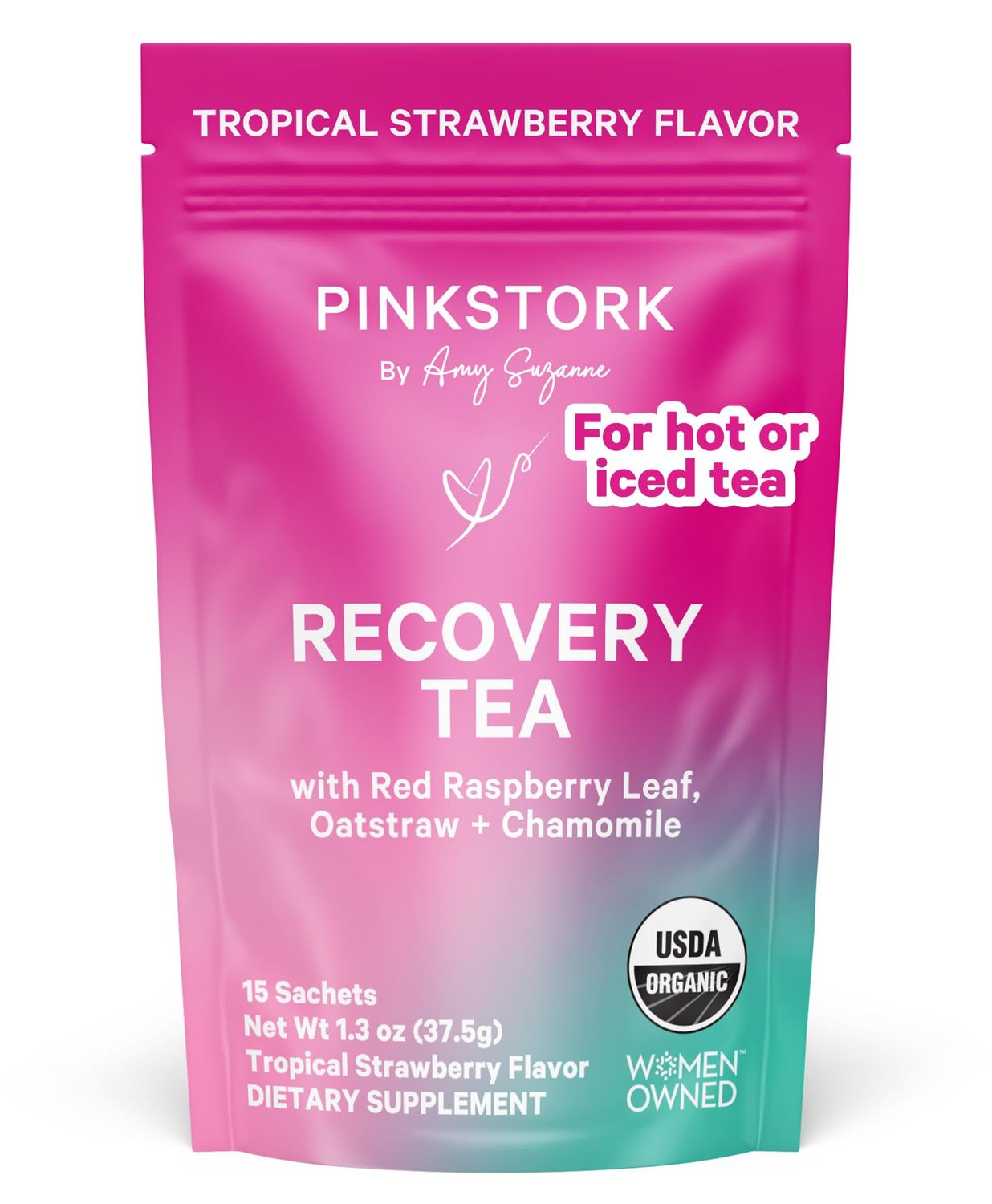 Pink Stork Postpartum Recovery Herbal Tea, Organic Red Raspberry Leaf with Chamomile, Hormone Balance for Women After Labor and Delivery, Strawberry Passion, Hot or Iced, Caffeine-Free, 15 Sachets