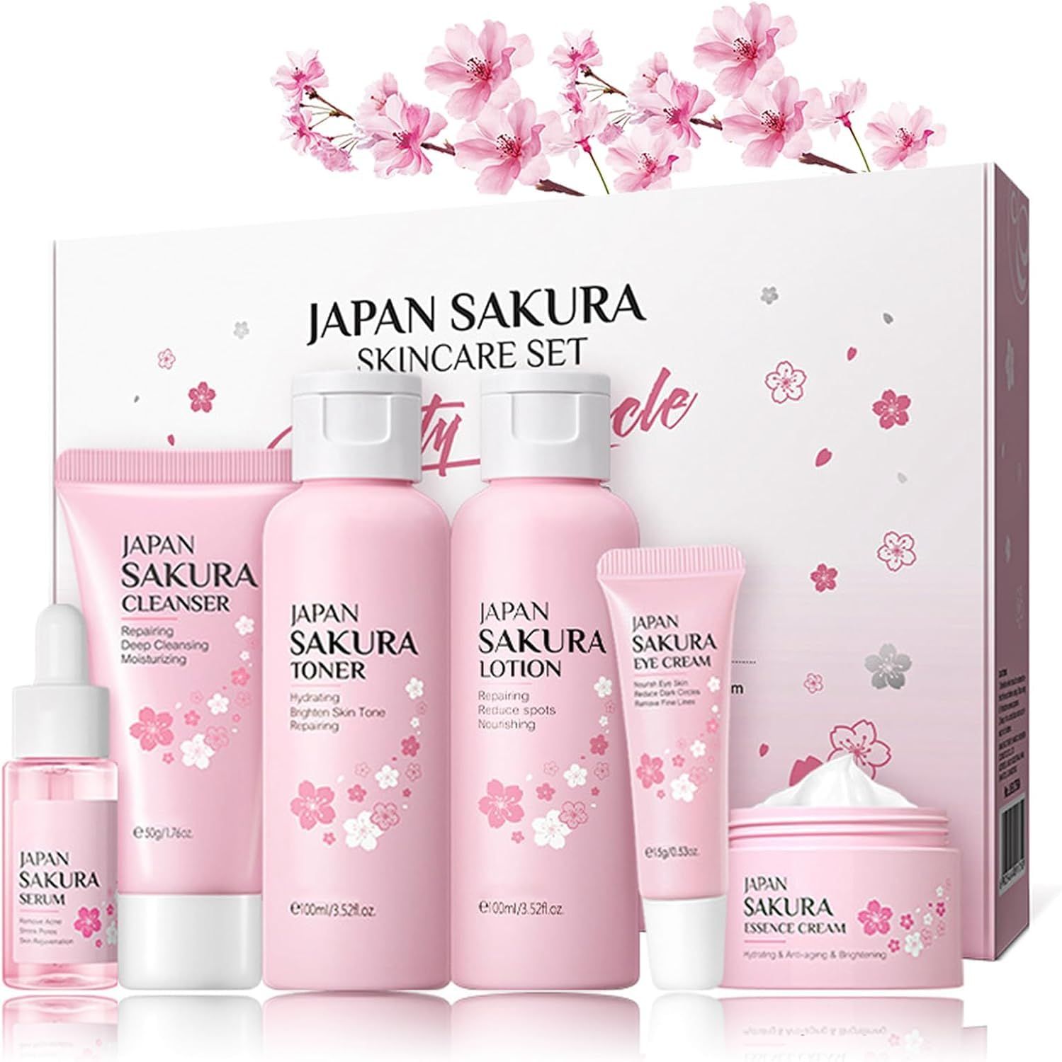 Skin Daily Skincare Set,Gentle Korean Skin Care Set,Skin Care Routine Kit for Women Gift Sets Includes Cleanser,Toner,Lotion,Serum,Eye Serum,Essence Cream Sakura Beauty Products (SetA)