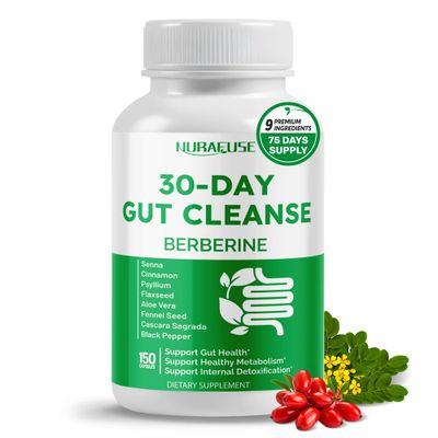 NURAFUSE 30-Day Gut Cleanse with Berberine and Senna, Cinnamon, Psyllium, Flaxseed, Aloe Vera- Supports Gut Health, Healthy Metabolism - 150 Capsules - Made in The USA