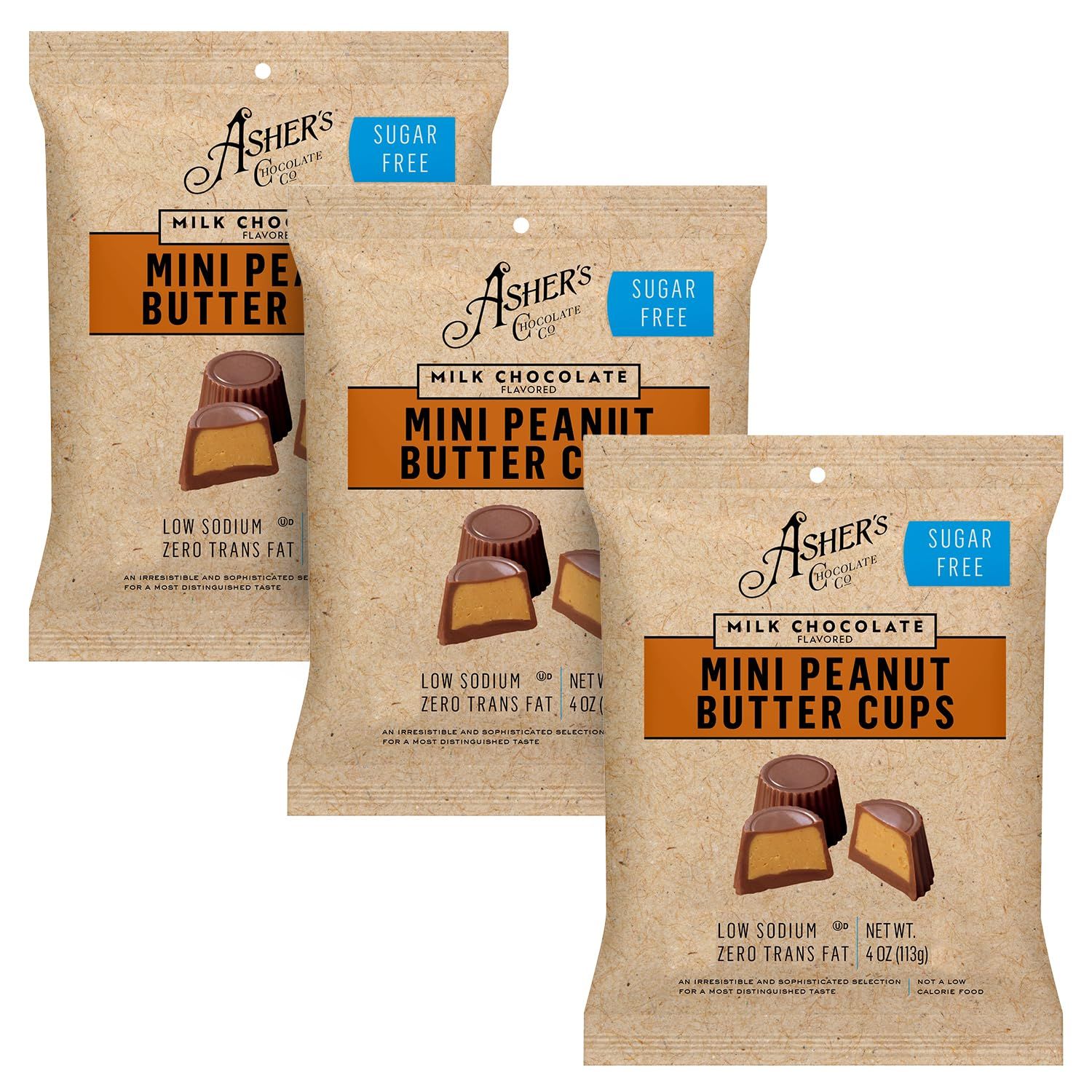 Asher&#39;s Chocolates, Sugar Free Chocolate Bags, Diabetic Friendly Chocolate, Small Batches of Kosher Chocolate, Family Owned Since 1892, Keto Chocolate, 3 Bags (Peanut Butter Cups)