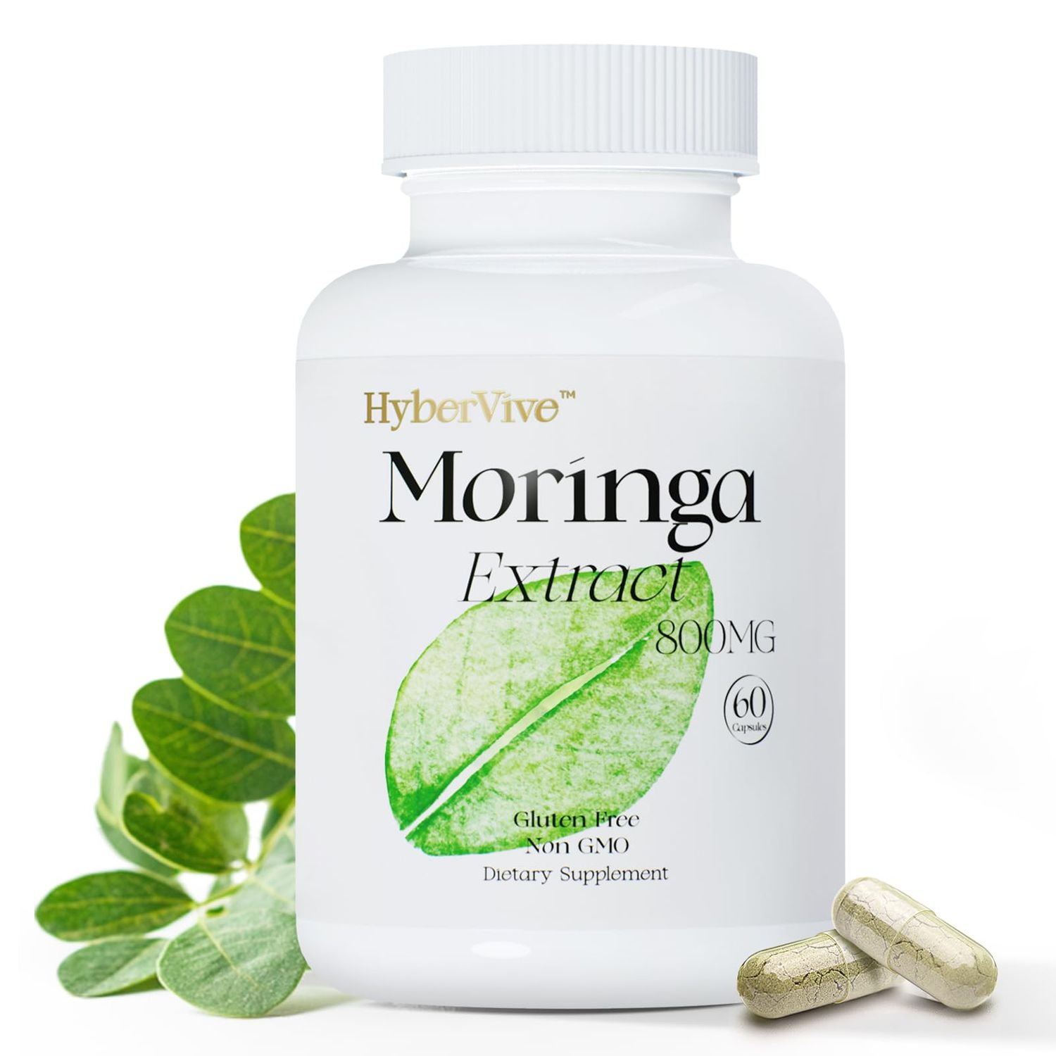 HyberVive Moringa Pure Capsules 800mg Supplment, Supports Energy, Skin Gut Health, Non-GMO Gluten Free, Made in USA - 60 Vegan Capsules