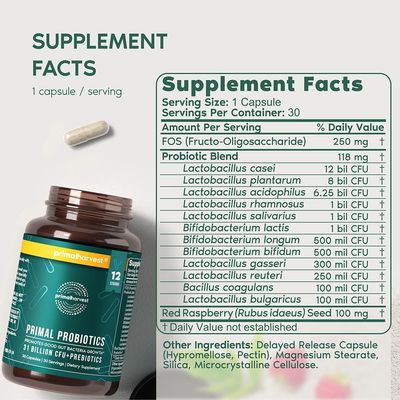 Primal Harvest Probiotics for Women Men Daily Probiotic Supplement with 12 Strains for Gut Digestive Health 30 Capsules
