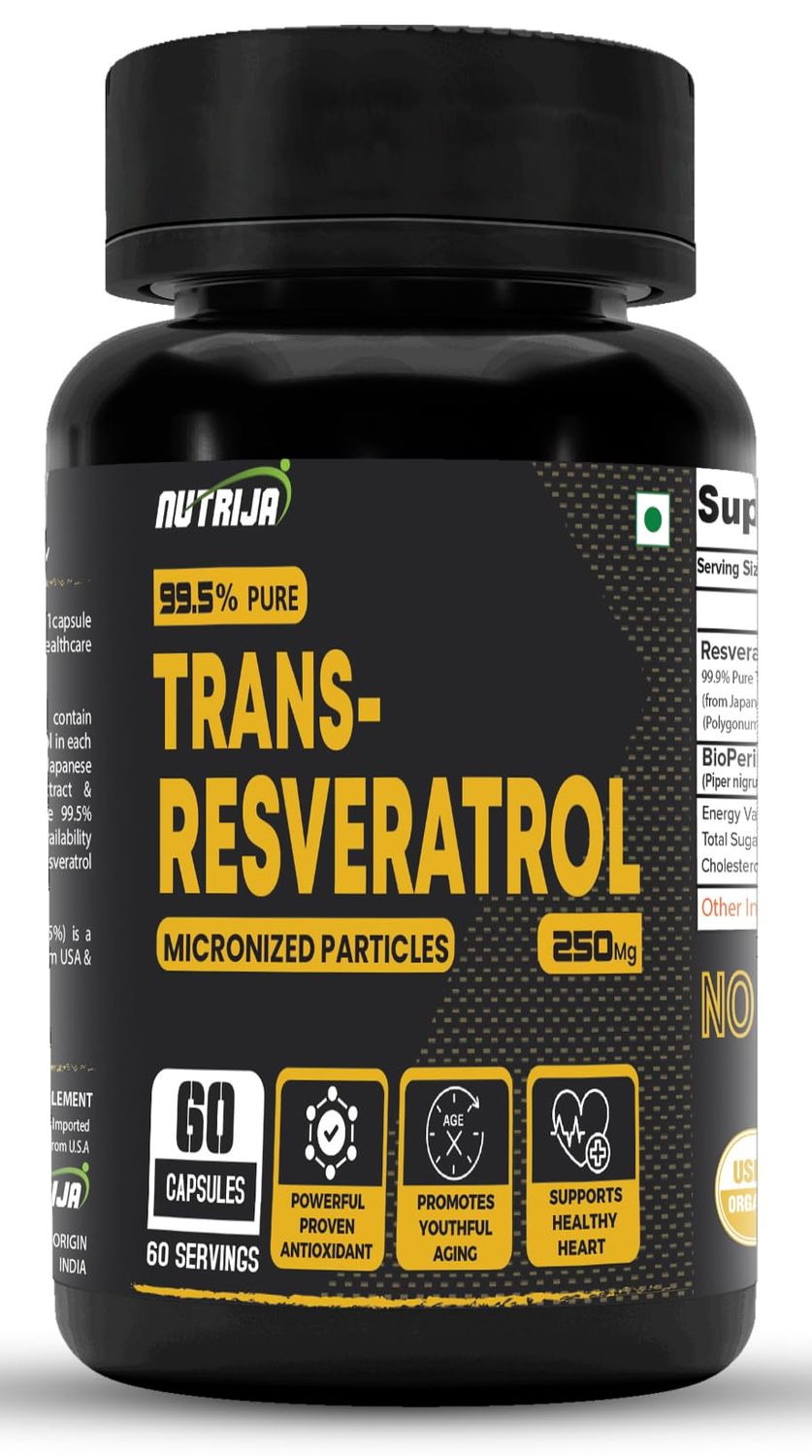 NutriJa Trans Resveratrol 250MG Capsules - 99.5 Pure Micronized and Highly Bioavailable Supplement Slow Down Aging, Proven Powerful Anti-Oxidant Improves Metabolism Heart Health (120 Capsules)