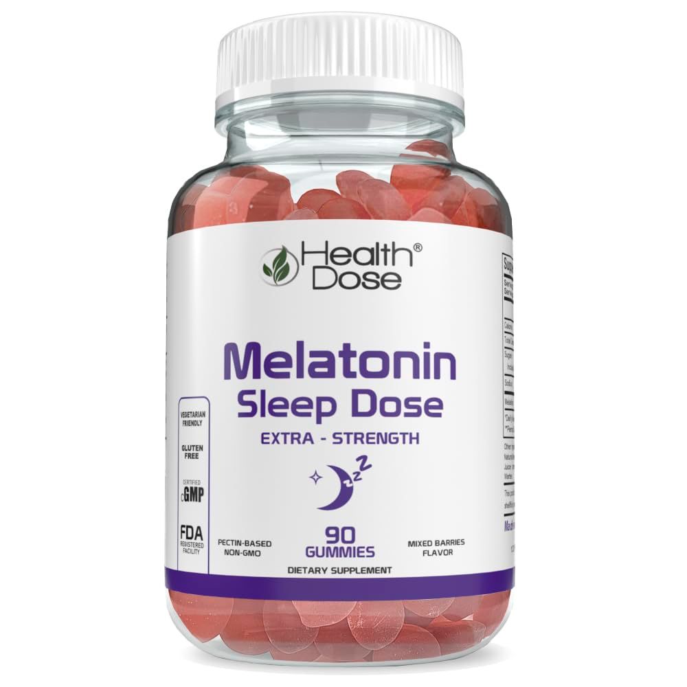 Health Dose Melatonin 6 mg Extra Strength Gummy, Pre-Bedtime Supplement for Restful Sleep, Adults, 90 Gummies, Three Month Supply, Mixed Berries Flavor.