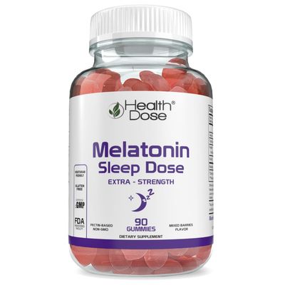 Health Dose Melatonin 6 mg Extra Strength Gummy, Pre-Bedtime Supplement for Restful Sleep, Adults, 90 Gummies, Three Month Supply, Mixed Berries Flavor.