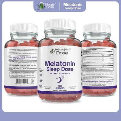 Health Dose Melatonin 6 mg Extra Strength Gummy, Pre-Bedtime Supplement for Restful Sleep, Adults, 90 Gummies, Three Month Supply, Mixed Berries Flavor.