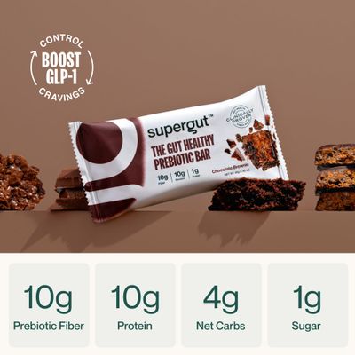 Supergut GLP-1 Boosting Prebiotic Bars, Chocolate Brownie - Gut Healthy Protein Snacks Breakfast Bars - Keto-Friendly Meal Replacement Energy Bars (12 Count)