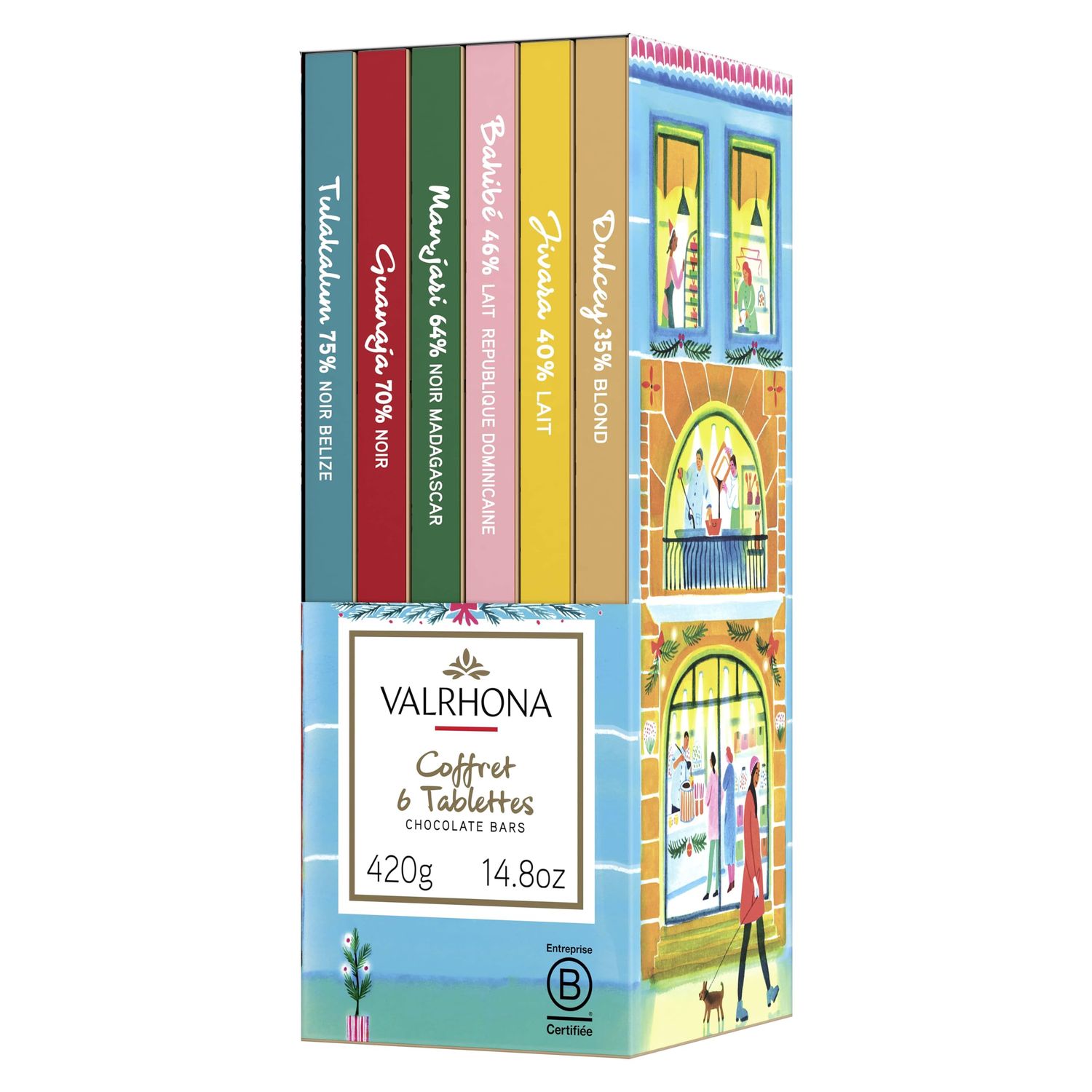 Valrhona Holiday Gift Box of 6 Chocolate Candy Bars - Perfect for Christmas Gifting, 14.8oz