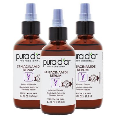 PURA D&#39;OR B3 Niacinamide Advanced Facial Serum (3.3oz x3 9.9oz) Skin Care Formula with Retinol For Wrinkles, Hydration Complexion - All Skin Types, Hypoallergenic - Women Men