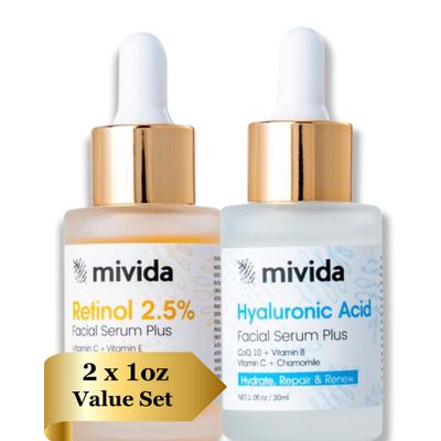 Anti-Aging Facial Serum Set of 2 2.5 Retinol Serum for Face Hyaluronic-Acid face serum Anti-Wrinkle, Lifting, Firming Serums 2X1 Fl Oz