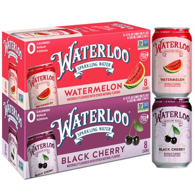 Waterloo Sparkling Water Two-Flavor Pack, 12 Fl Oz Cans, Pack of 16, 8 x Black Cherry, 8 x Watermelon Zero Calories Zero Sugar or Artificial Sweeteners Zero Sodium