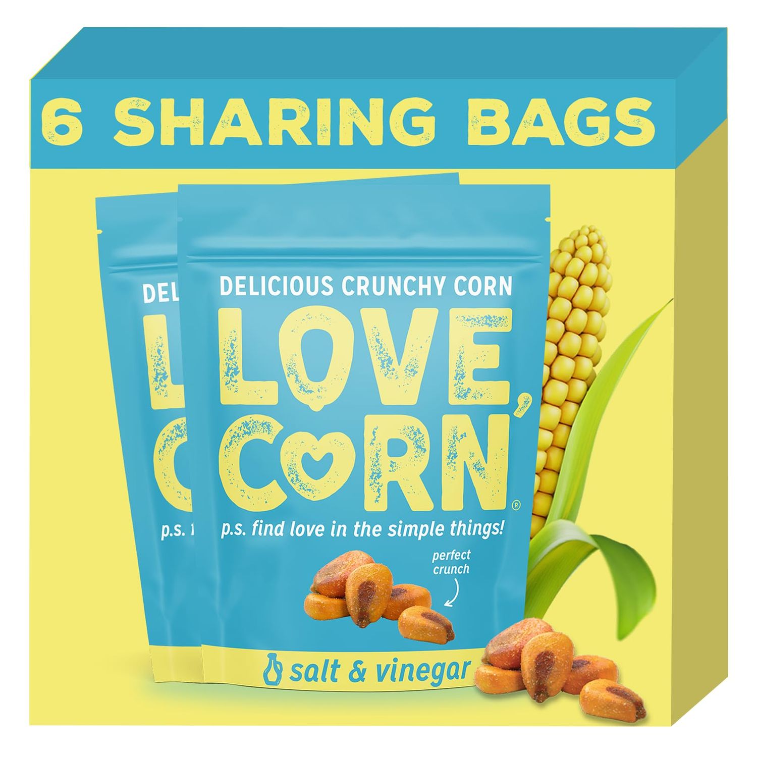 LOVE CORN: Salt Vinegar Crunchy Corn - Gluten-Free - Plant based Vegan - Healthy Snack - Low Sugar - Non GMO - (Box of 6 bags, 4oz each)
