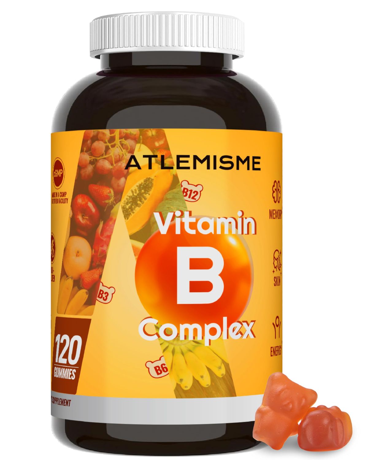 ATLEMISME Vitamin B Complex Gummies for Adults Kids - 120 Count Apple Flavored, with B12, Biotin, Folic Acid, Niacin (3g Per Gummy) Energy Metabolism Hair Support Non-GMO, Vegan