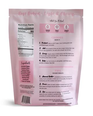NOWHERE BAKERY Vegan Gluten Free Paleo Chocolate Chip Cookie Baking Mix (Makes 15 cookies) - Allergen Friendly, Nut Free No Refined Sugar 11 OZ Bag