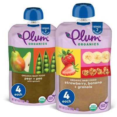 Plum Organics Stage 2 Organic Baby Food - Variety Pack - 4 oz Pouch (Pack of 8) - Fruit and Veggie Baby Food Pouch