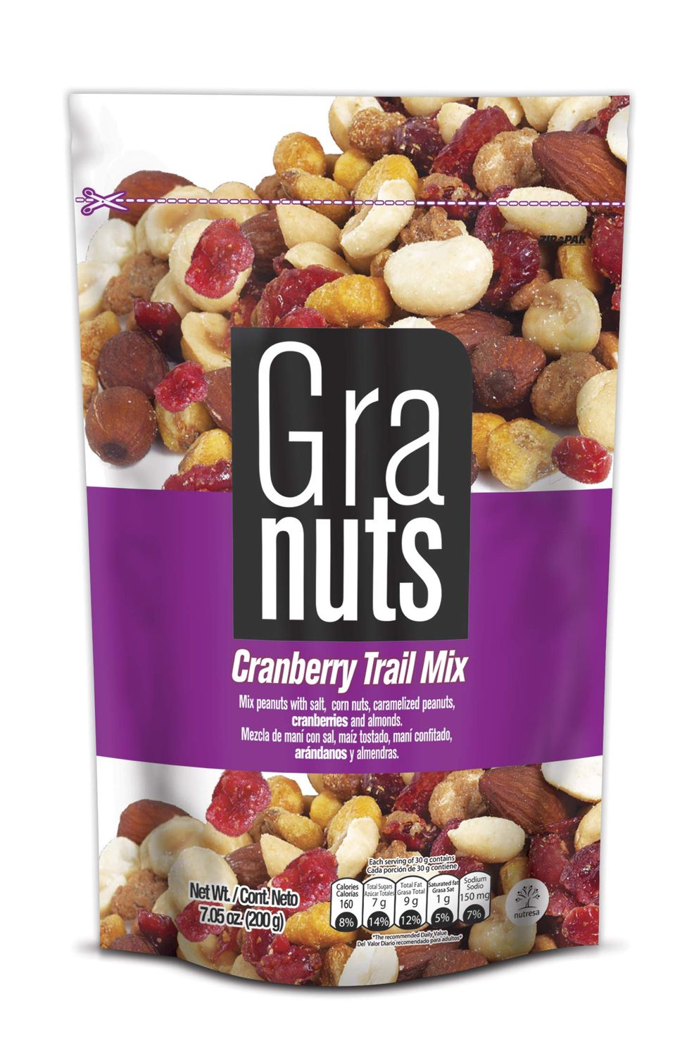 Granuts Cranberry Trail Mix Family Pack Caramelized Peanuts Crunchy Corn Nuts Almonds Soft Cranberries Salty Sweet Flavors 7.05 Oz (Pack of 1)
