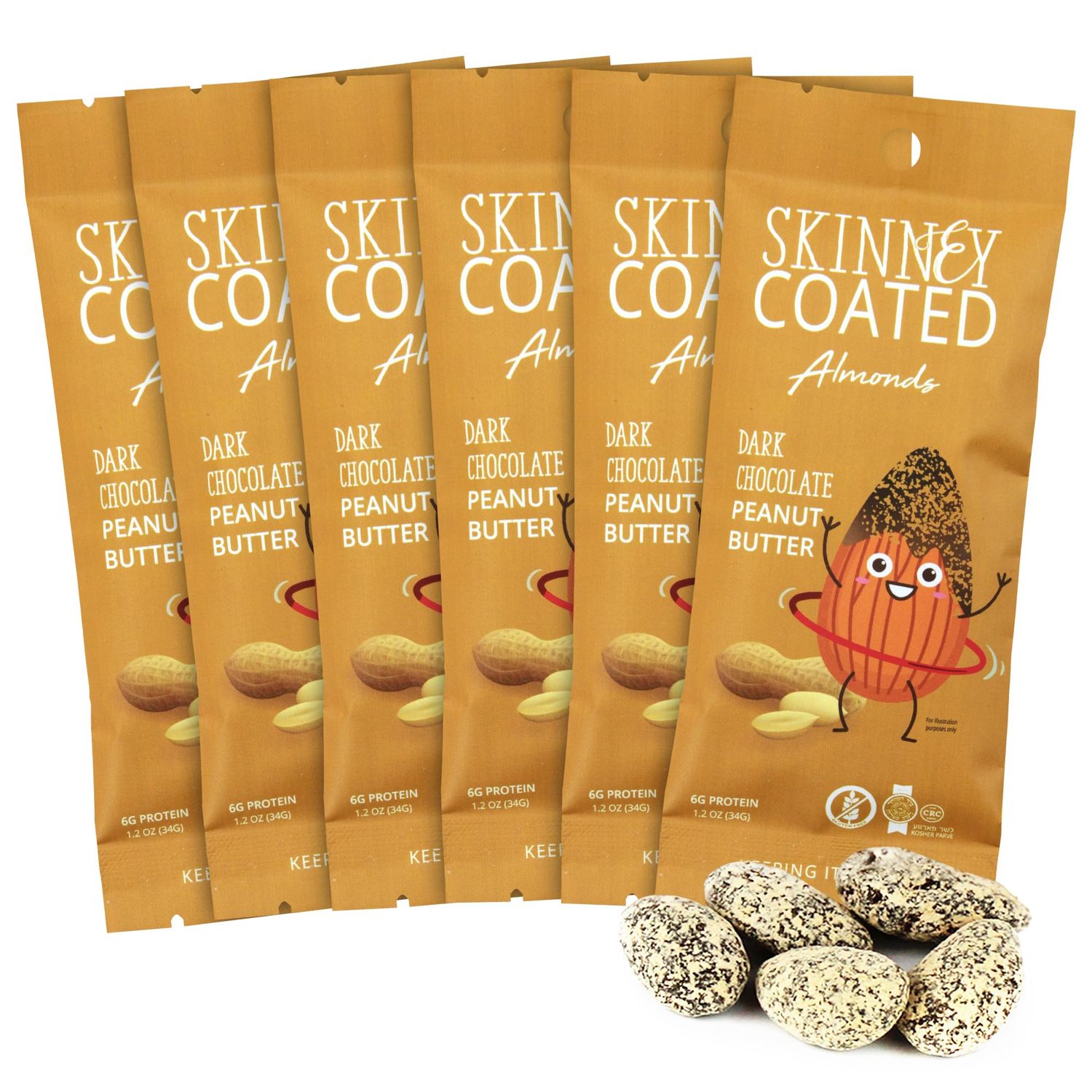 Skinny Coated Dark Chocolate Peanut Butter Snacks, Peanut Butter Covered Almonds Healthy Chocolate Snacks in Bulk - Skinny Almonds, Kosher, Gluten Free Sweet Snacks for Adults, 1.2Oz p Bag, 6 Pack