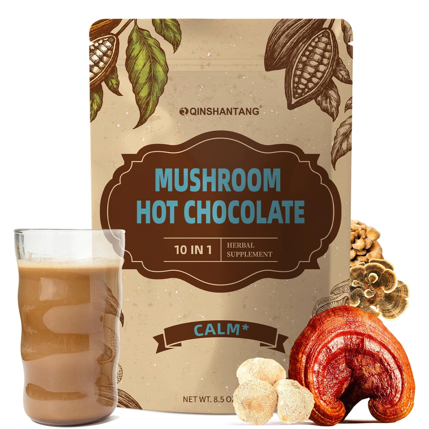 Mushroom Hot Chocolate Mix, Cacao Powder, 10 Mushrooms Lion&#39;s Mane, Reishi, Chaga, L-Theanine Coffee Alternative for Calm Sleep, Mood Enhancement, Sugar Free, 8.45 Oz