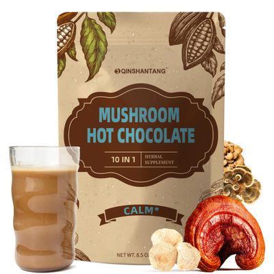 Mushroom Hot Chocolate Mix, Cacao Powder, 10 Mushrooms Lion&#39;s Mane, Reishi, Chaga, L-Theanine Coffee Alternative for Calm Sleep, Mood Enhancement, Sugar Free, 8.45 Oz