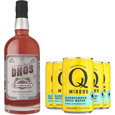 Dhos Handcrafted Non-Alcoholic Bittersweet w 5 Pack Q Mixers Elderflower Tonic Water - Keto-Friendly, Zero Sugar, Zero Calories, Zero Proof - 750 ML - Perfect for Mocktails - Made in USA