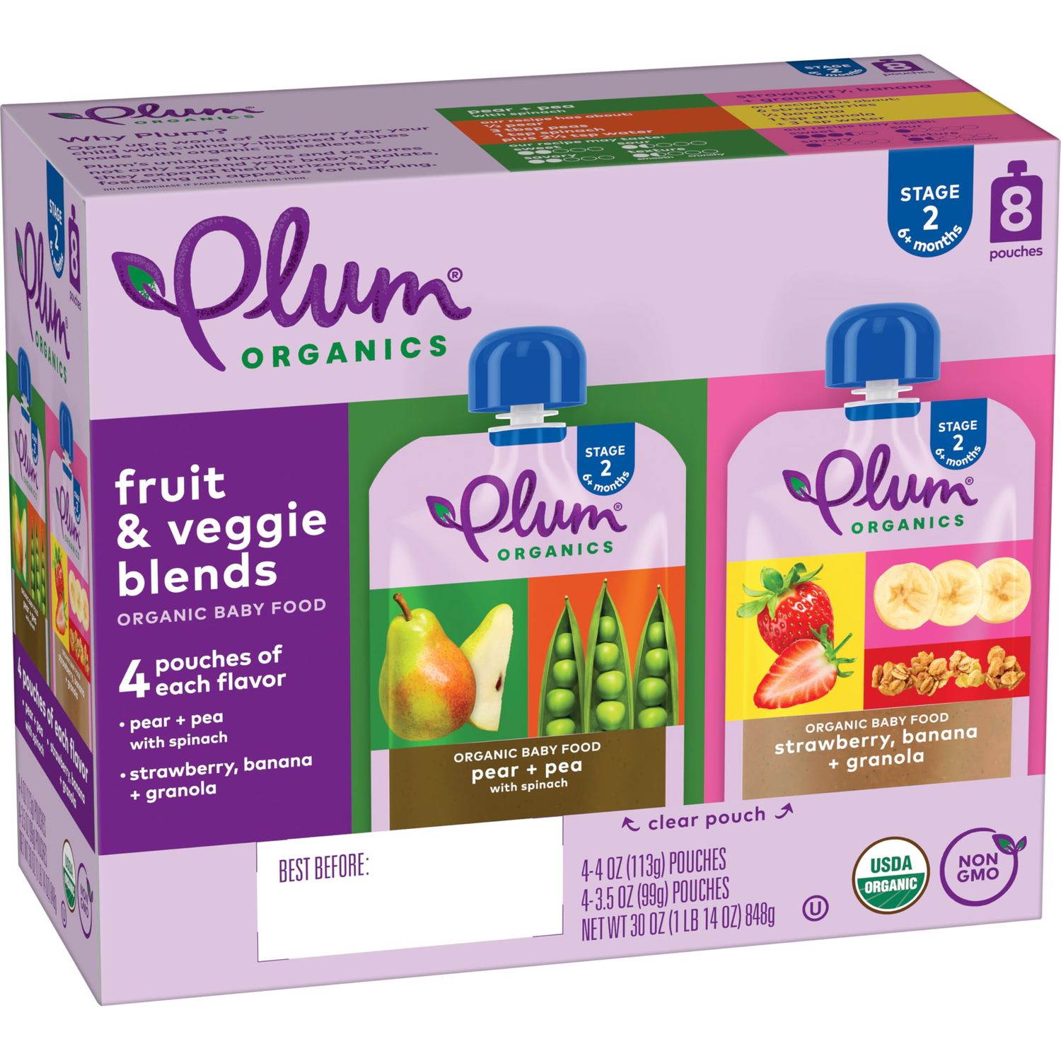 Plum Organics Stage 2 Organic Baby Food - Variety Pack - 4 oz Pouch (Pack of 8) - Fruit and Veggie Baby Food Pouch