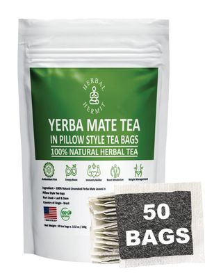 Herbal Hermit Yerba Mate herbal-teas with 50 tea bags Natural Yerba Matte Rich in Chlorophyll, Made in USA