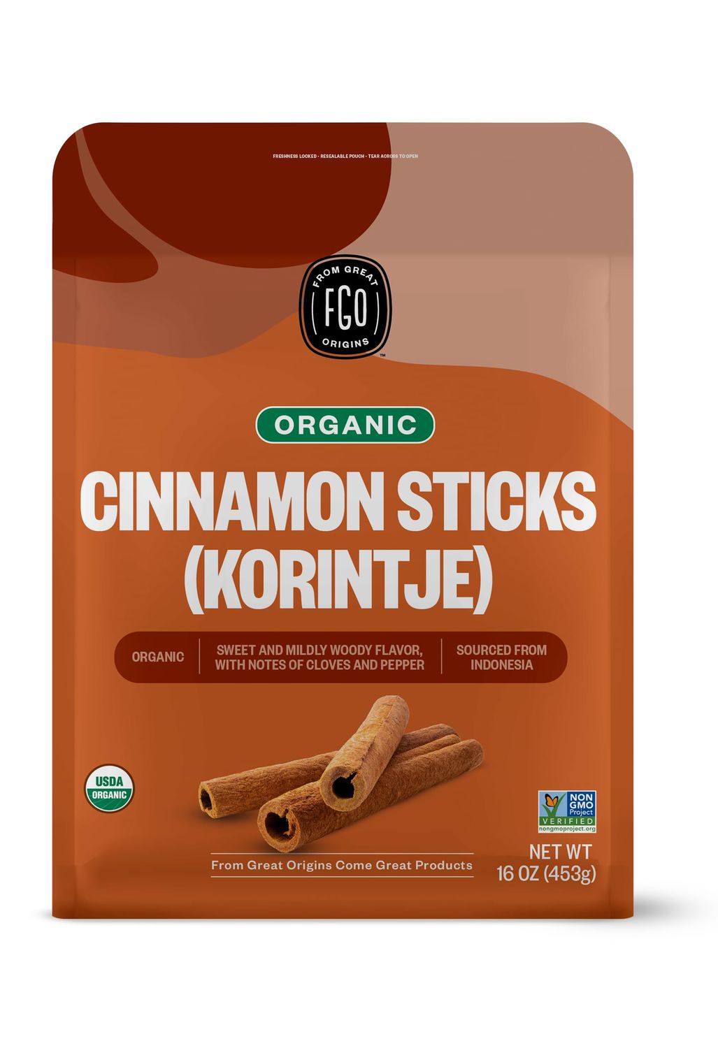 FGO Organic Cinnamon Sticks Whole, 16oz Bulk Resealable Pouch, 100 Sticks, 2 Stick Size, Raw Spice from Indonesia (Korintje), Great for Tea, Desserts or Cooking, Non-GMO (Pack of 1)