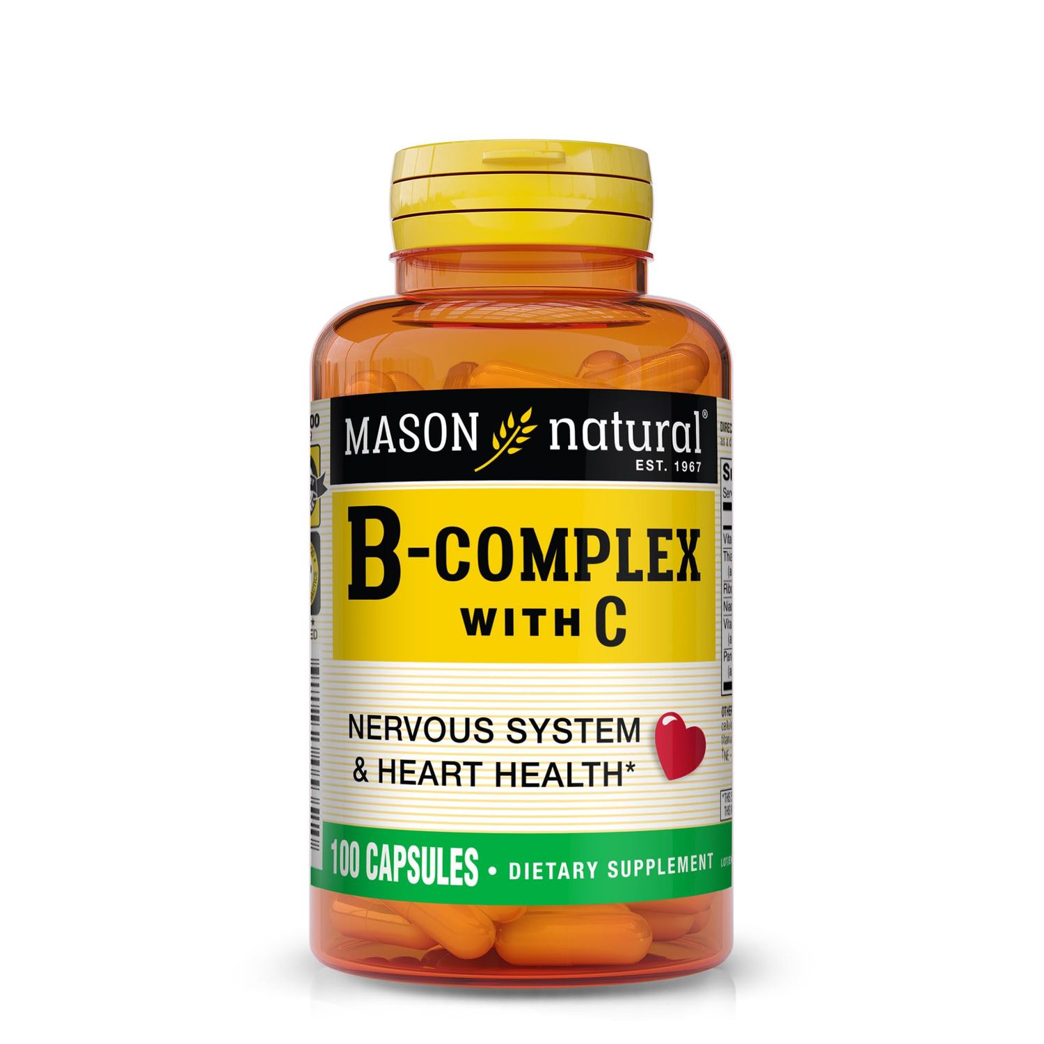 MASON NATURAL Vitamin B-Complex with Vitamin C - Healthy Heart and Nervous System, Improves Immune Function and Energy Metabolism, 100 Capsules