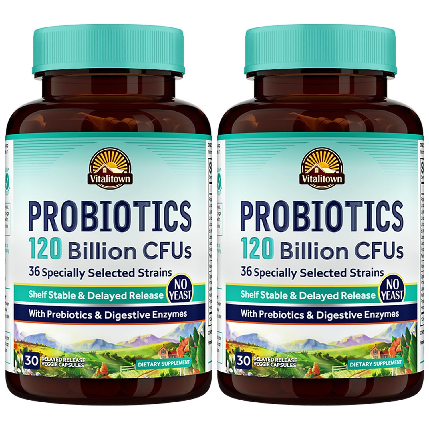 Vitalitown Probiotics 120 Billion CFUs 36 Strains, with Prebiotics Digestive Enzymes for Men Women Shelf Stable Digestive Immune Support Vegan 60 Delayed Release Veg Caps