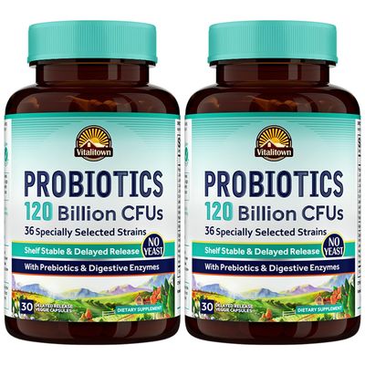 Vitalitown Probiotics 120 Billion CFUs 36 Strains, with Prebiotics Digestive Enzymes for Men Women Shelf Stable Digestive Immune Support Vegan 60 Delayed Release Veg Caps