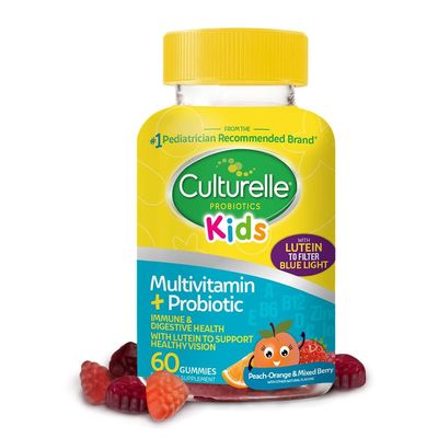 Culturelle Kids Probiotic Gummies for Ages 2 - Peach-Orange Mixed Berry Flavors - Digestive Immune Support with Lutein for Eye Health, 60 Count