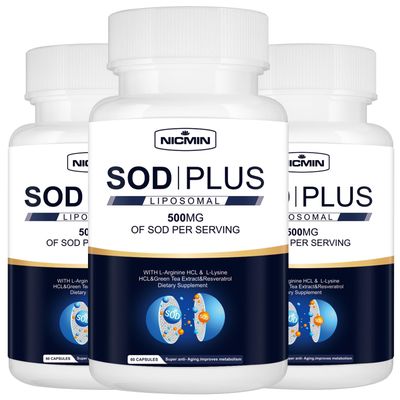 Superoxide Dismutase Supplement 500mg - SOD Plus with Liposomal Glutathione, AKG, Green Tea Extract, L-Arginine, Lysine, Resveratrol and Vitamin E for Immune Support, Antioxidant 180 Capsules
