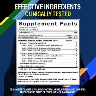 CB-1 Weight Gainer Pills (90 Count) Appetite Booster for Men Women Clinically Tested for Safe, Effective Results Fast Powerful Mass Gainer