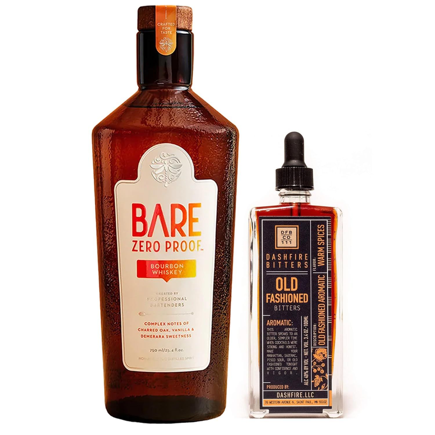 Bare Zero Proof Non-Alcoholic Bourbon Whiskey Bundle with Dashfire Bitters 4oz (Old Fashioned) - Premium Zero-Proof Liquor Spirits for a Refreshing Experience